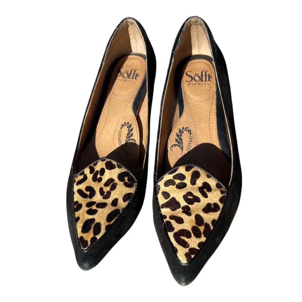 Leopard Calf‎ Hair Animal Print Black Leather Flats Loafers Söfft Sz.7